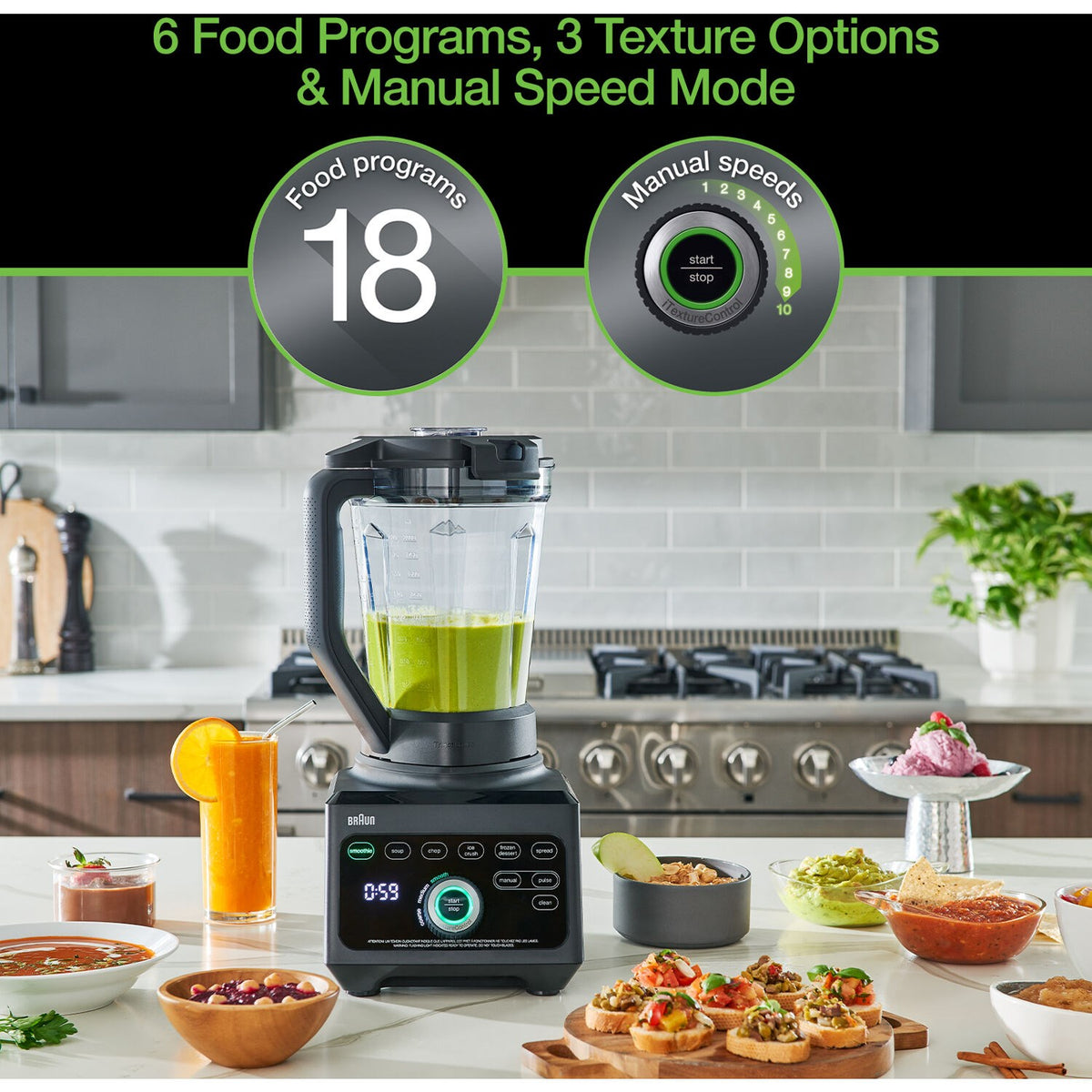 Black blender on kitchen counter with jar and control panel showing 18 programs.