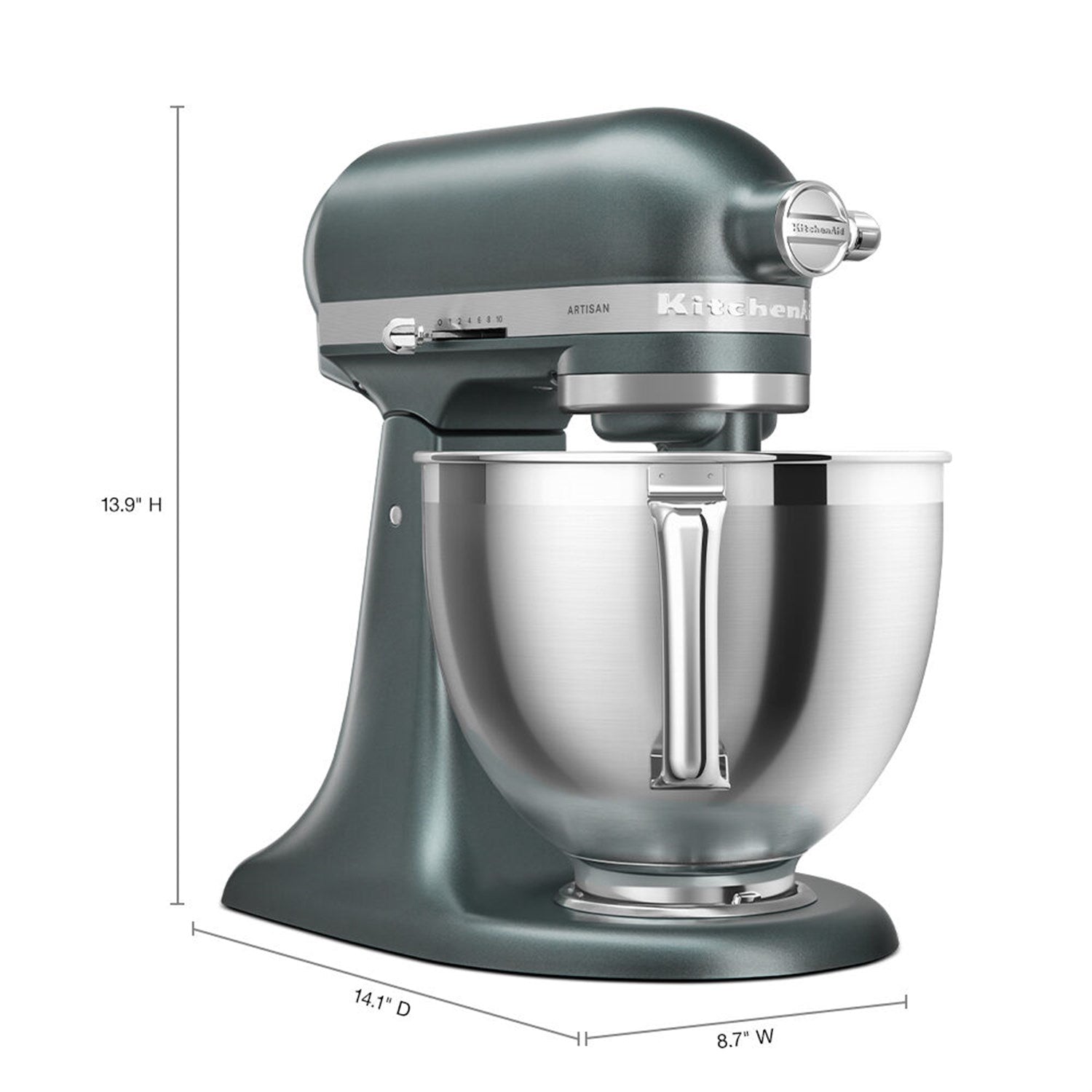 KitchenAid Artisan tilt-head stand mixer in juniper with stainless bowl and dough hook