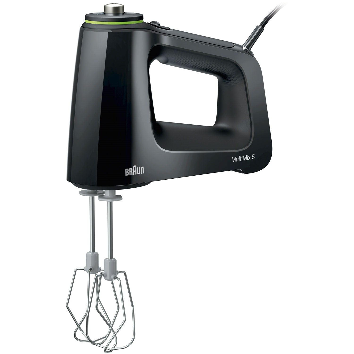 Black Braun hand mixer with beaters attached, shown in front view.