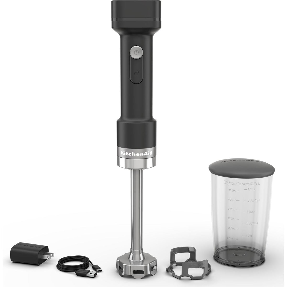 KitchenAid cordless hand blender set with metal blending shaft and battery pack