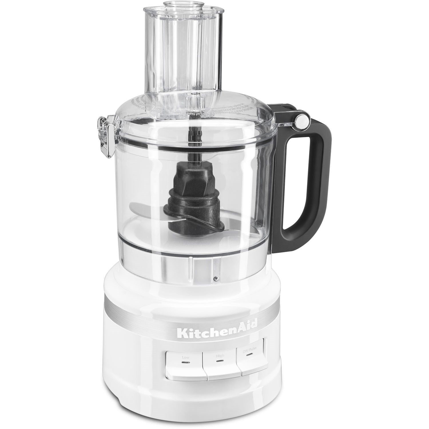 White food processor base with clear bowl and central motor drive for attachments