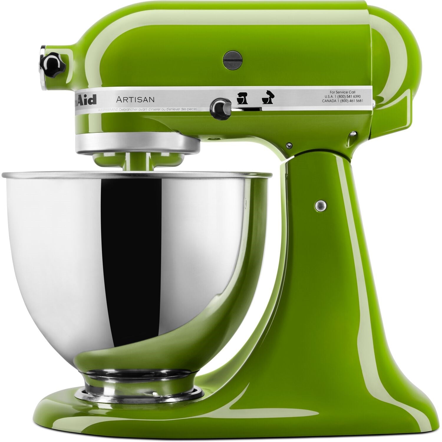 Matcha green tilt-head stand mixer with stainless bowl and front control knobs