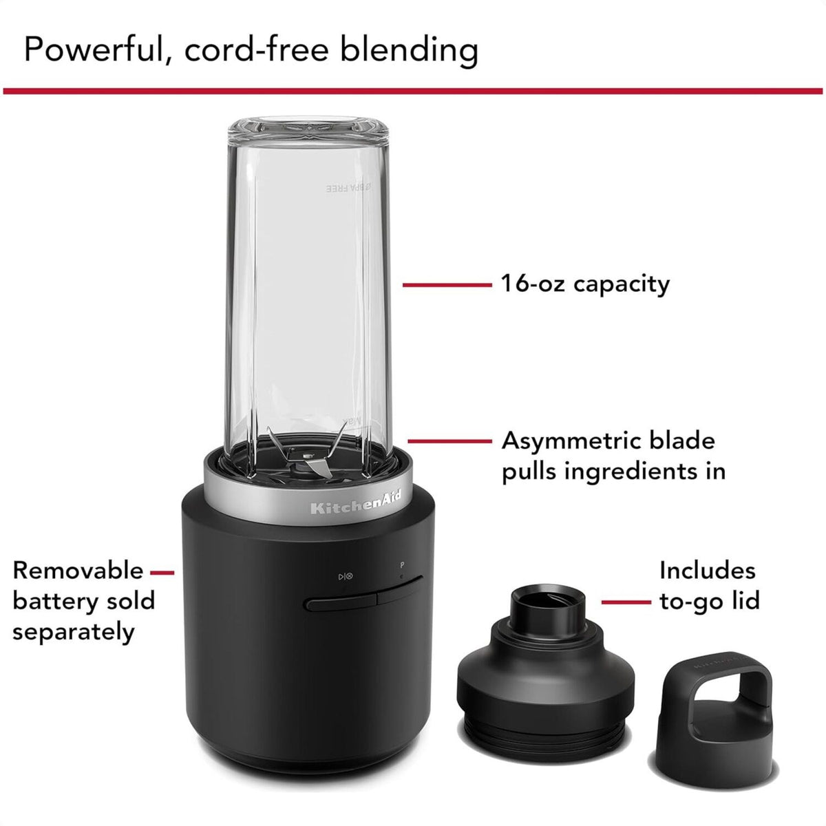 Black personal blender with clear 16-oz jar and included to-go lid