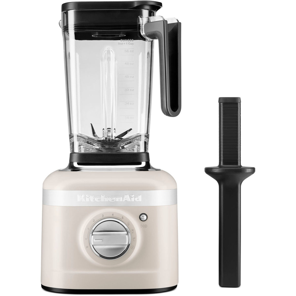 KitchenAid matte milkshake blender with clear jar, black blade, and black accessory