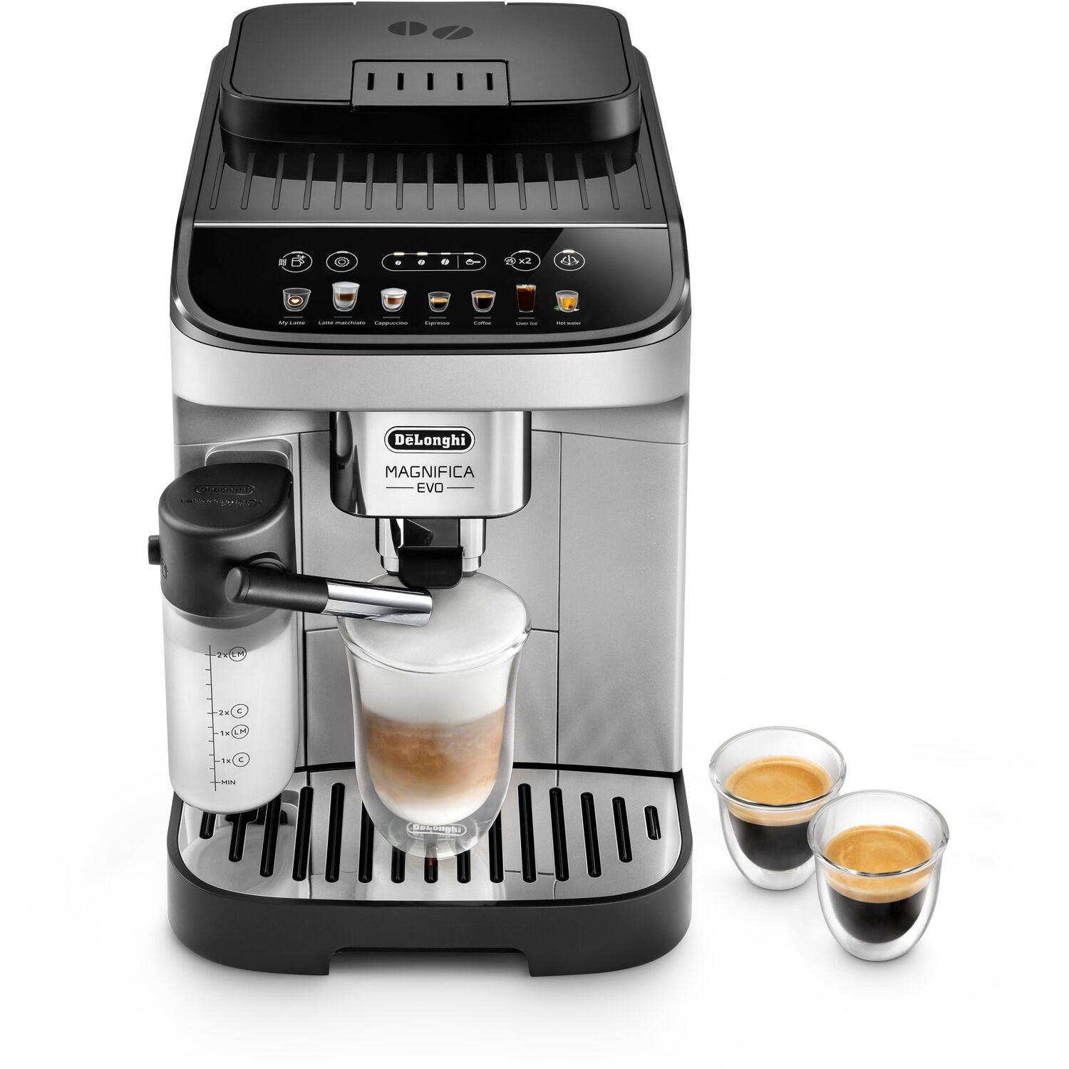 De'Longhi Magnifica Evo automatic coffee machine with frothing head dispensing into a cup