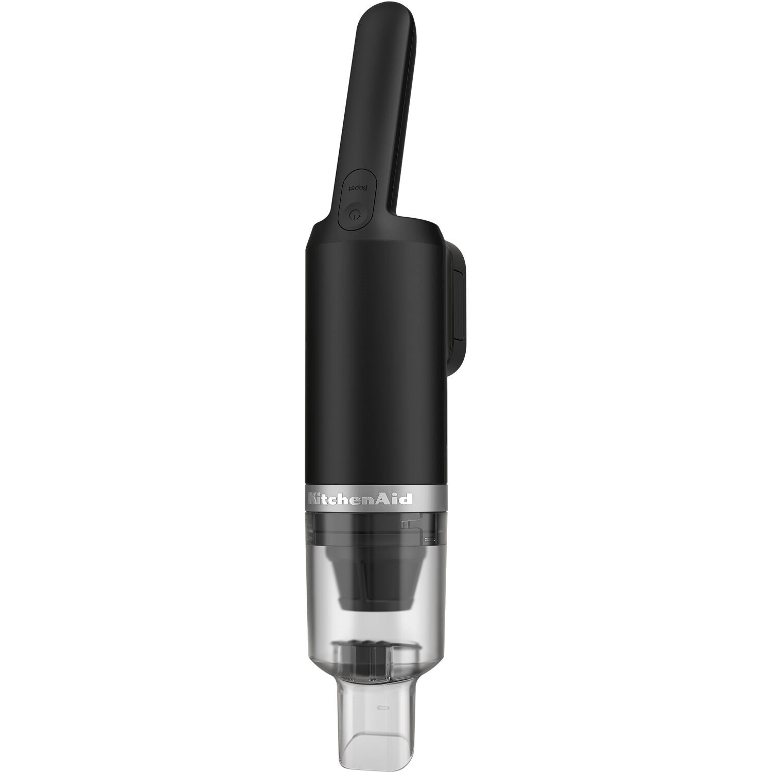 Black cordless kitchen vacuum with clear dust canister and push-button handle