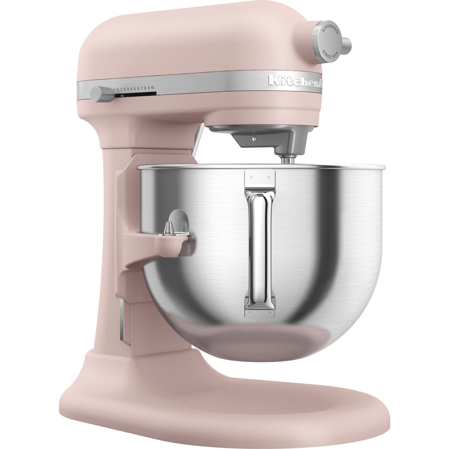 Feather Pink stand mixer with stainless bowl and mixing paddle attachment