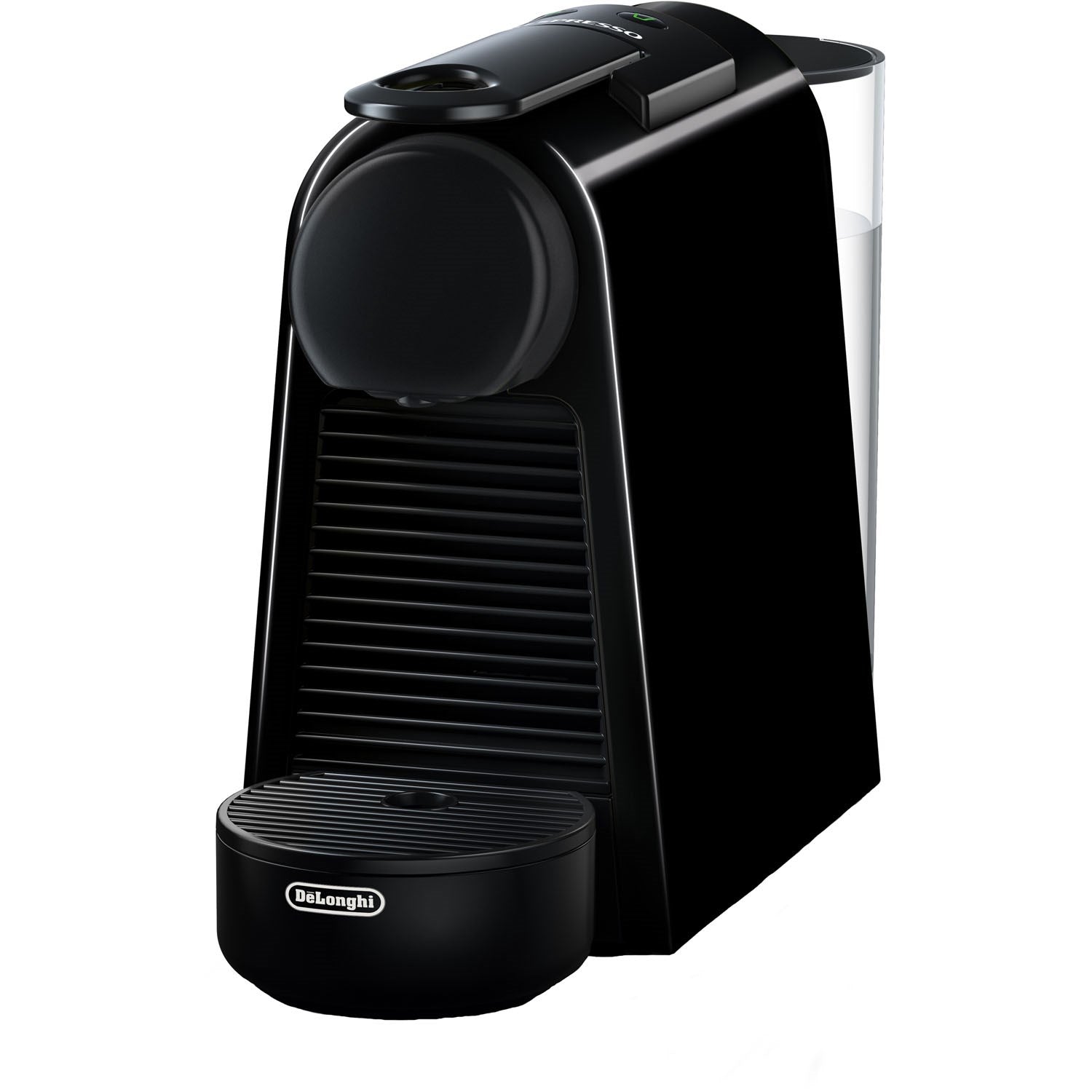 Black De'Longhi Nespresso Essenza Mini single-serve espresso machine, front drip area