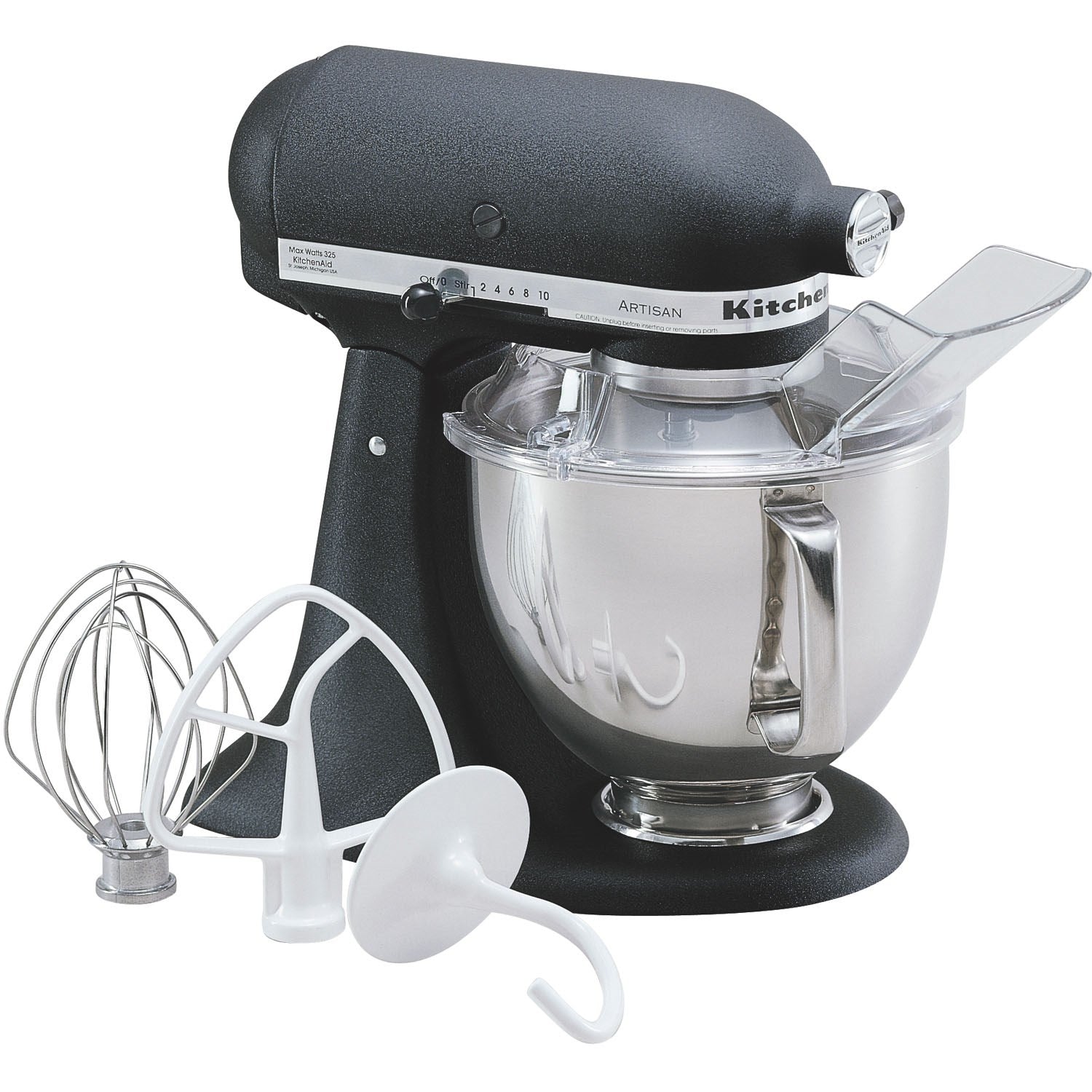 Black tilt-head stand mixer with stainless bowl, wire whisk and transparent pour shield