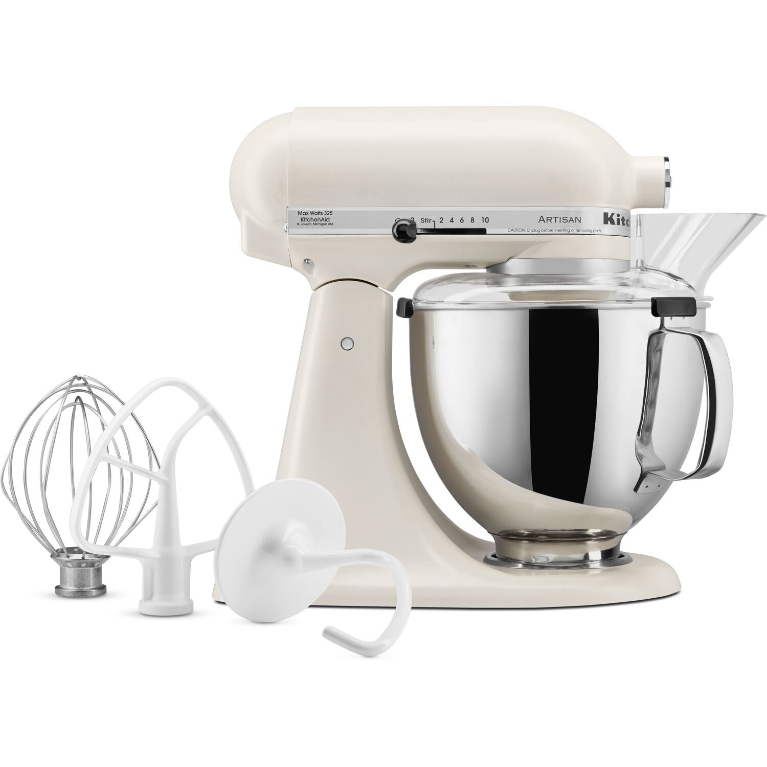 Porcelain tilt-head stand mixer with stainless bowl and mixing attachments: whisk and paddles