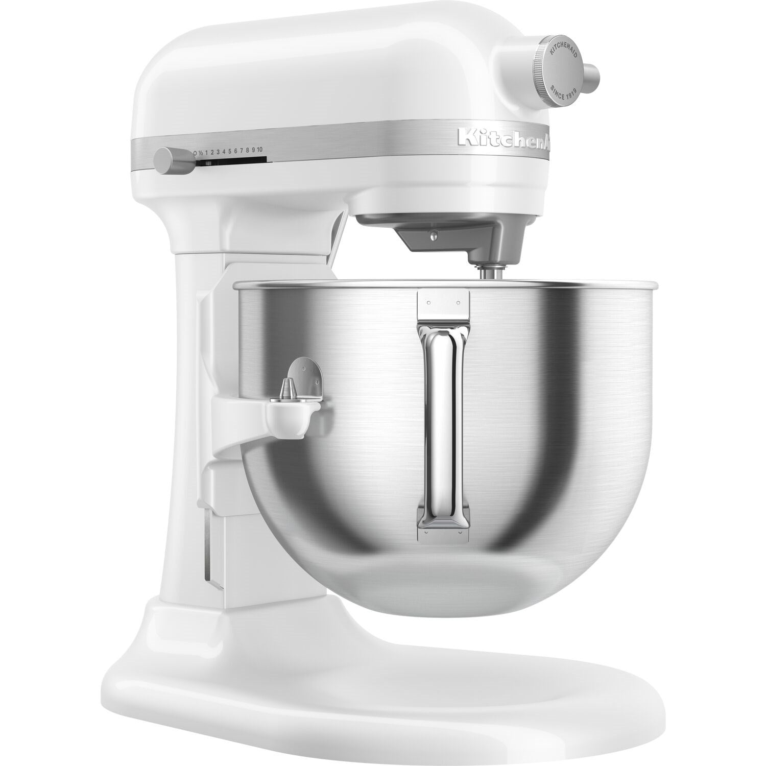 White KitchenAid stand mixer with stainless bowl and front mixing lever, studio close-up