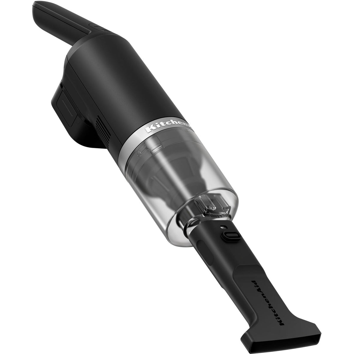 Black matte cordless kitchen vacuum with clear dust bin and wide cleaning nozzle