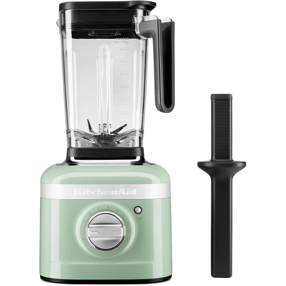 KitchenAid K400 blender with pistachio base, clear jar, and black tamper