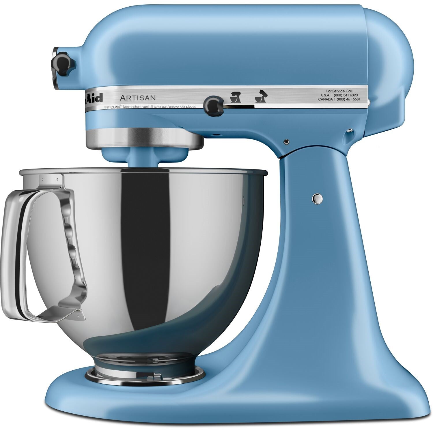 Blue tilt-head stand mixer with stainless mixing bowl, top control panel visible