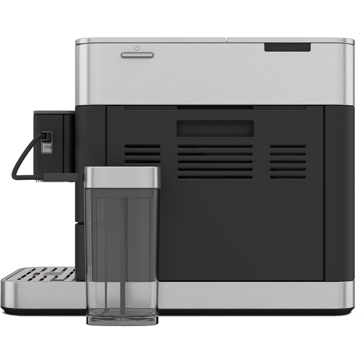 Black and silver espresso machine side view with transparent milk container and spout