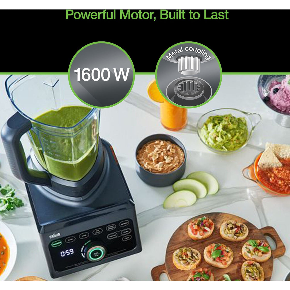 Black blender with 1600 W motor feature and clear jar with green puree