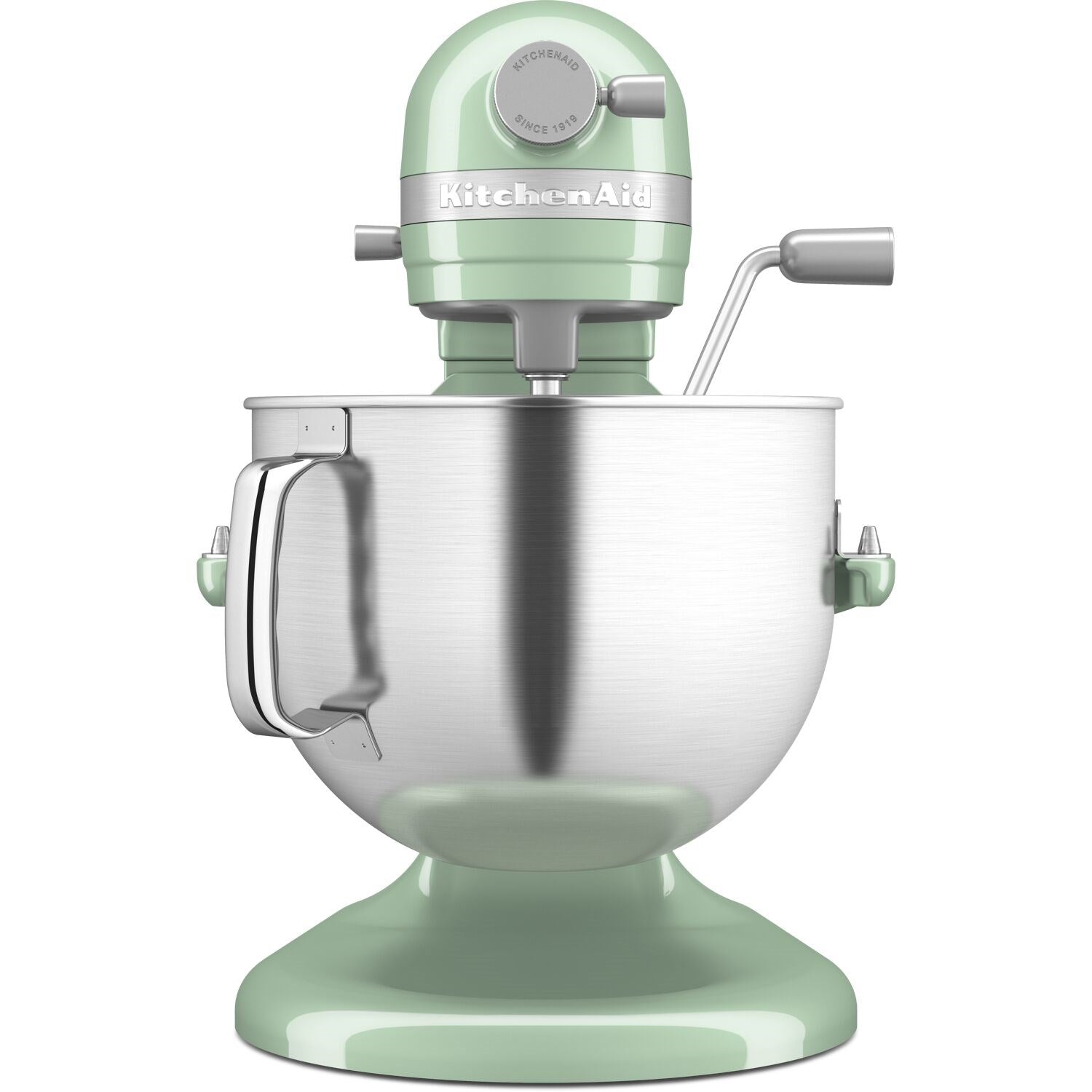 Pistachio green KitchenAid stand mixer with stainless 7-qt bowl and bowl lift