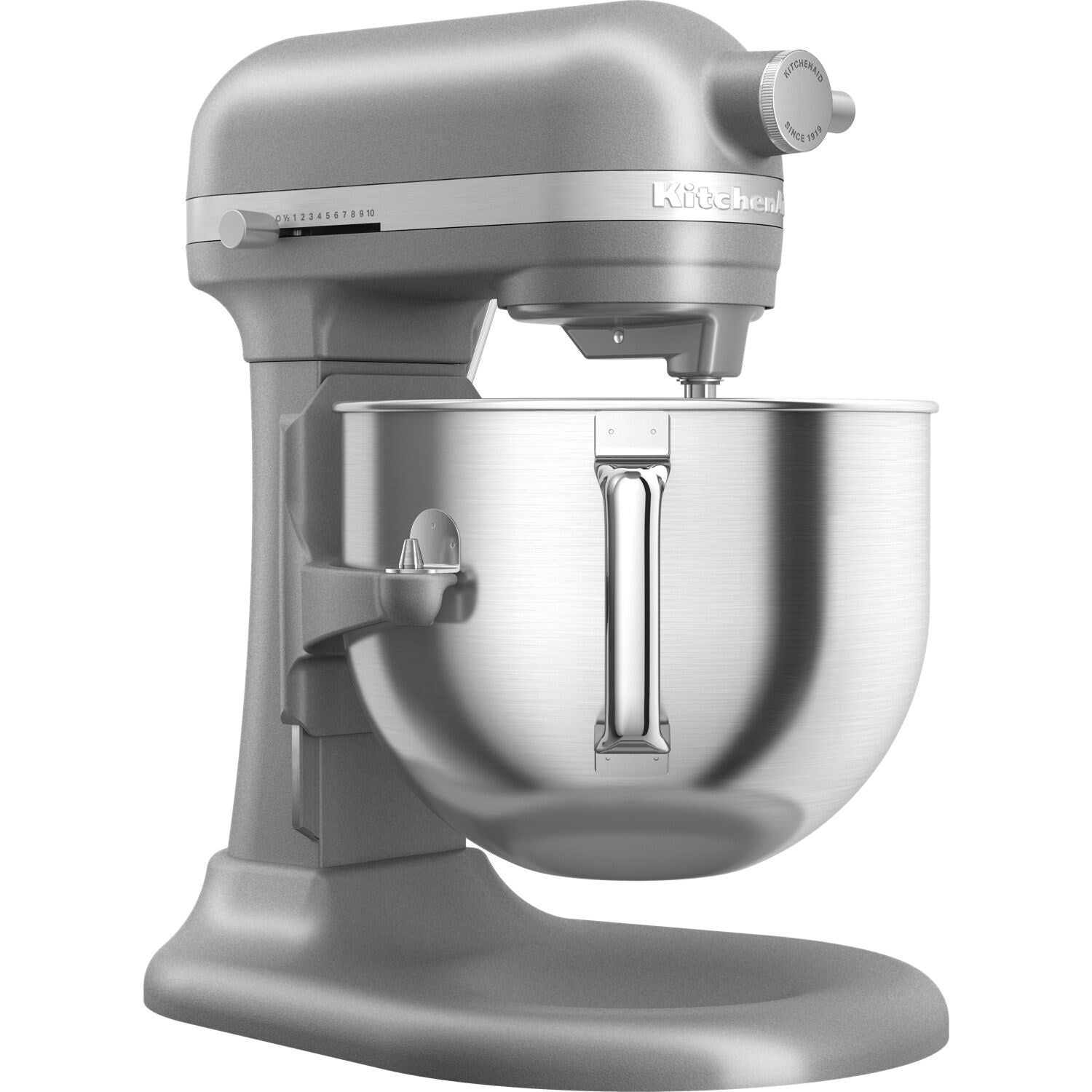 KitchenAid stand mixer head and 7-quart bowl, Contour Silver, side view
