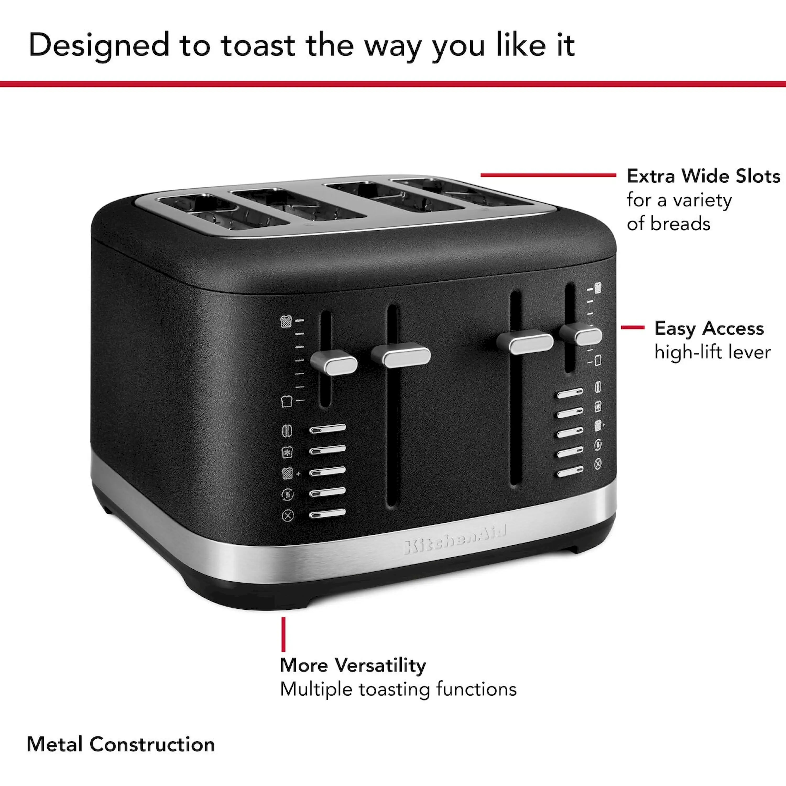 4-slice black cast-iron toaster with extra-wide slots and high-lift lever control buttons