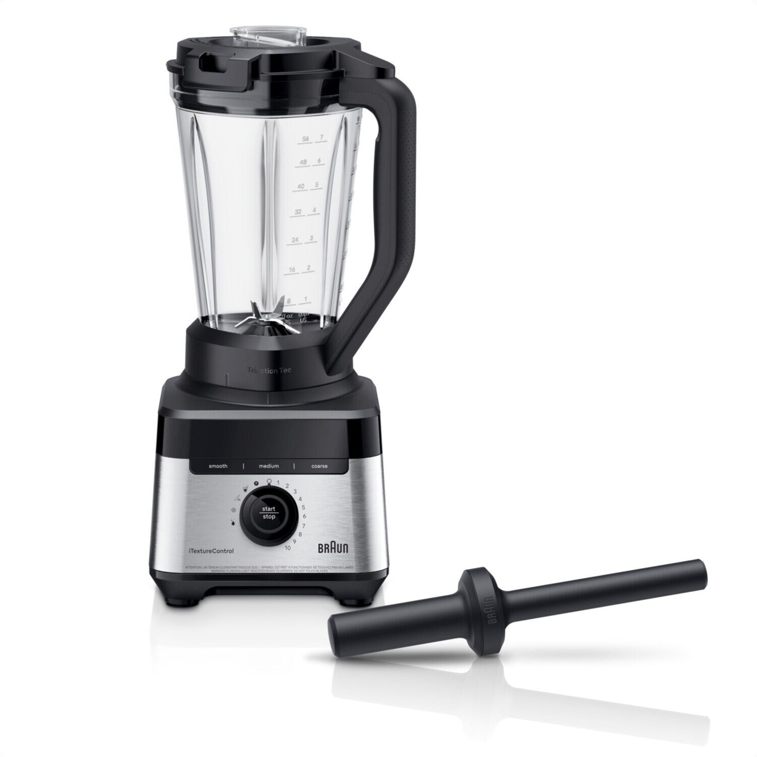 Black countertop blender with clear jar, lid, and mixing base with control dial.