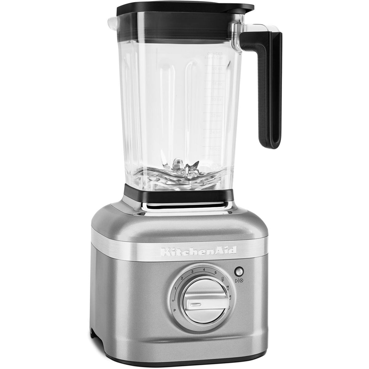 KitchenAid blender with clear jar and black handle, contour silver base front view