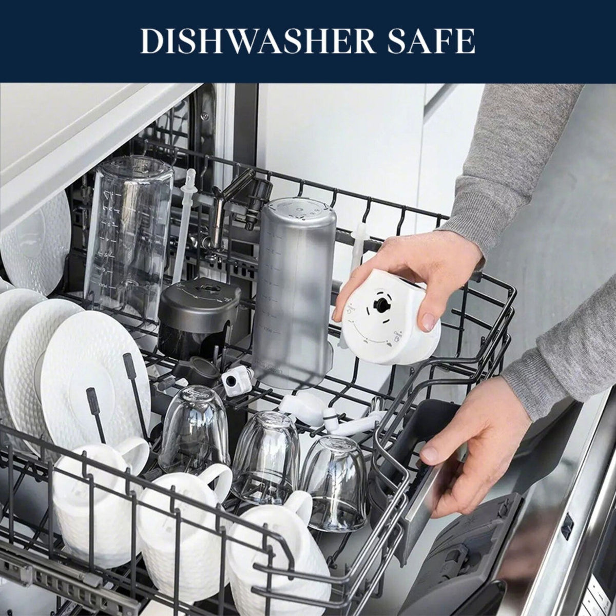 Dishwasher-safe parts of a fully automatic espresso machine in a dishwasher rack