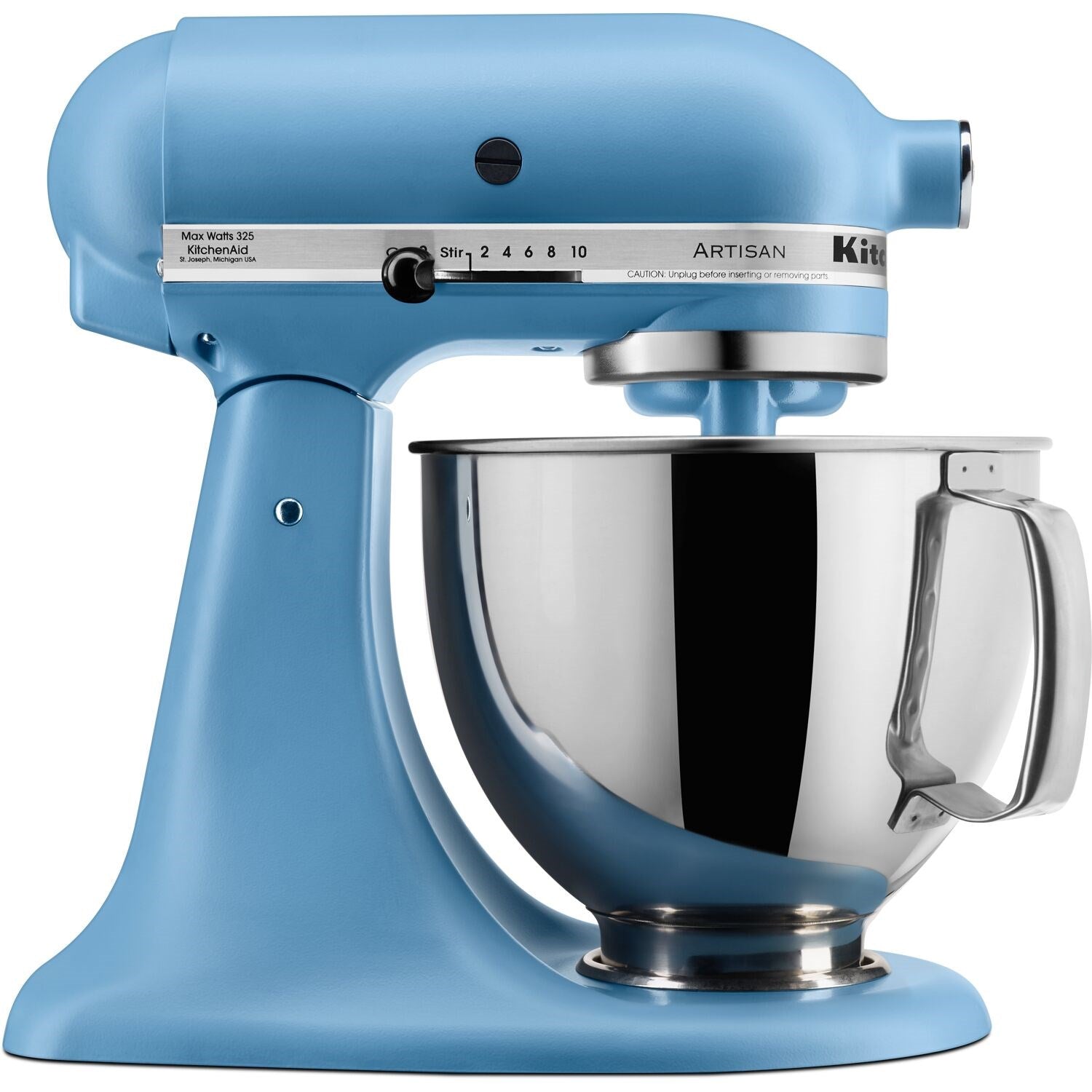 Blue tilt-head stand mixer with stainless bowl and black stripe, front three-quarter view
