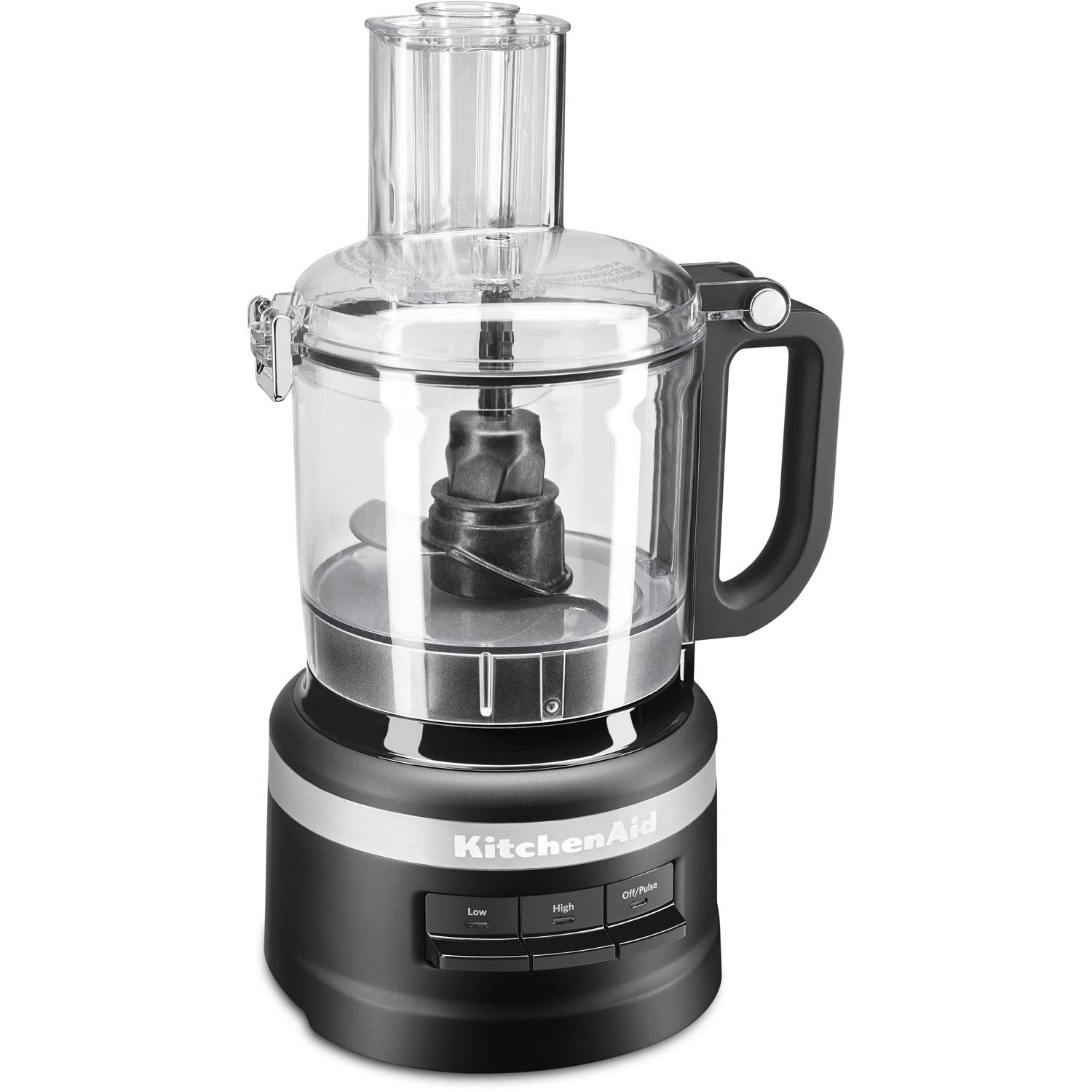 Black matte KitchenAid food processor with clear bowl and slicing/shredding disc