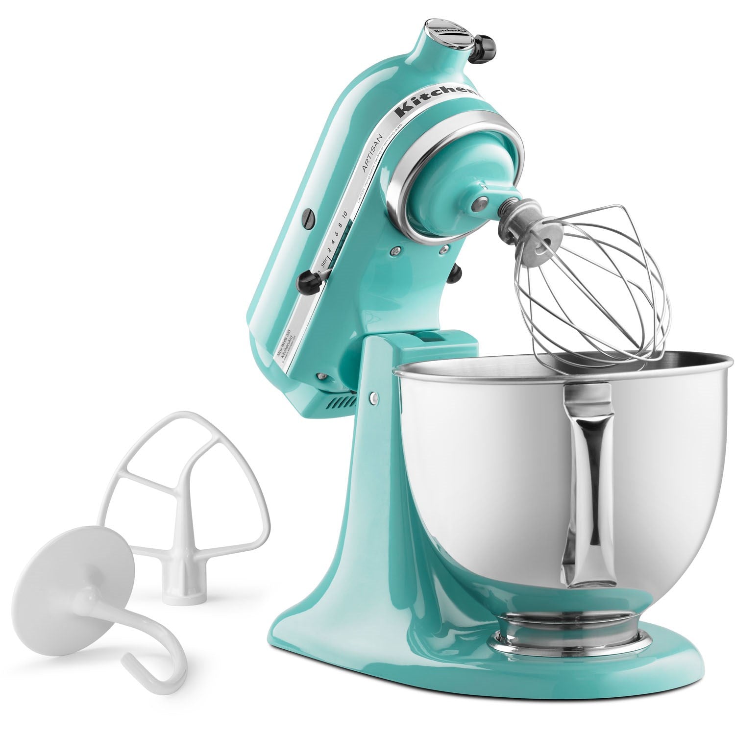 Blue aqua sky stand mixer with stainless bowl and wire whisk attachment