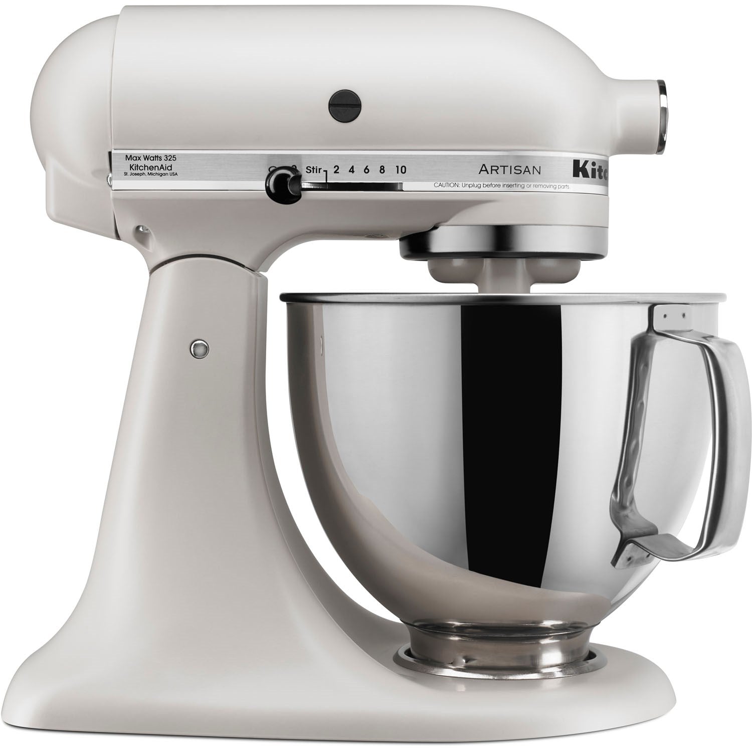 Milkshake tilt-head stand mixer front view with speed dial and stainless steel bowl