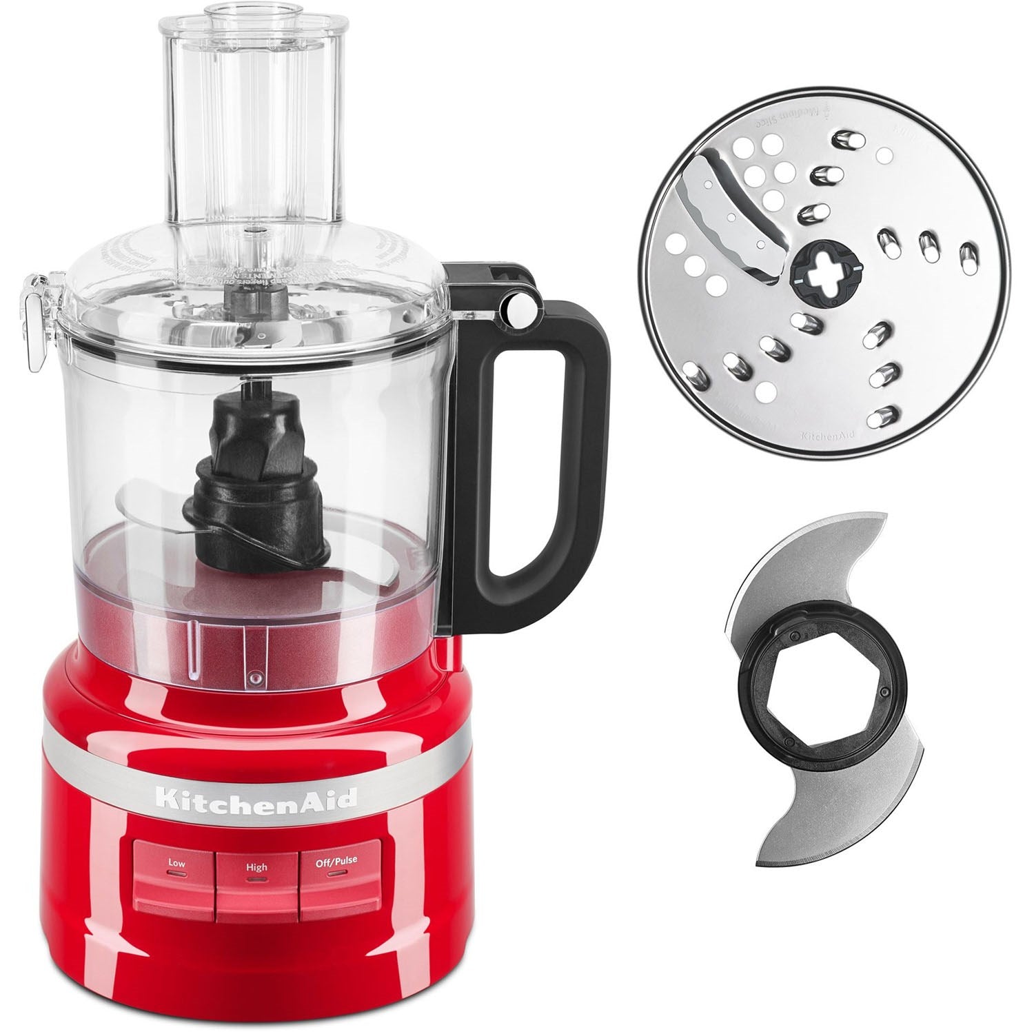 Red food processor with clear bowl and slice-shred blade attachments