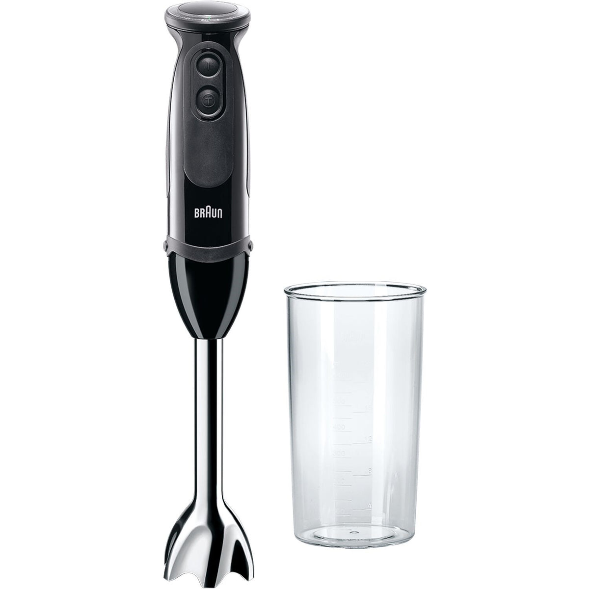 Braun MQ5000 hand blender next to a clear blending cup with measurements