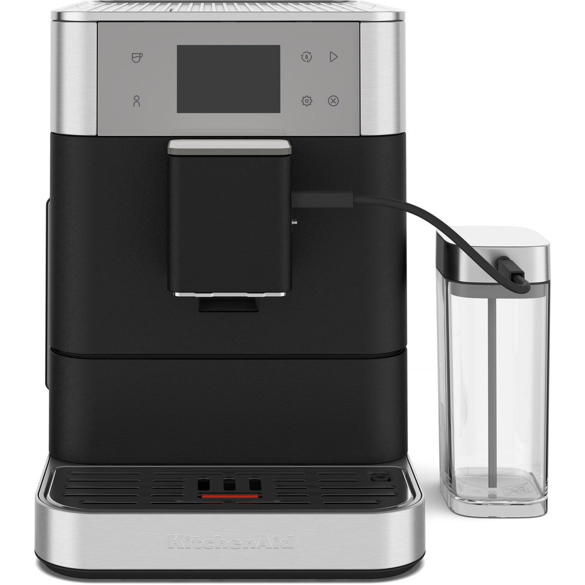 Black and silver fully automatic espresso machine with front spout and milk container