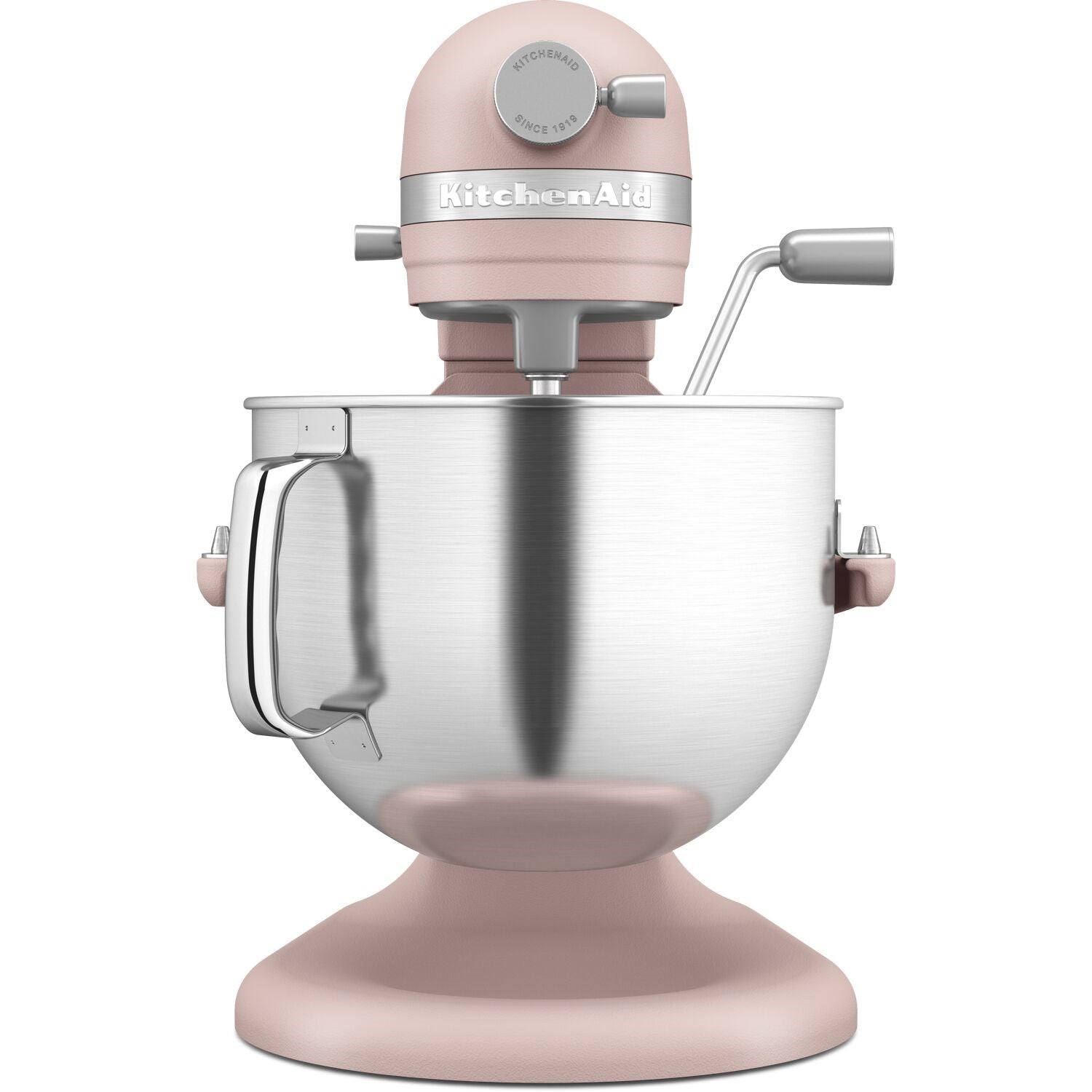 Feather Pink KitchenAid stand mixer with stainless steel bowl and front paddle
