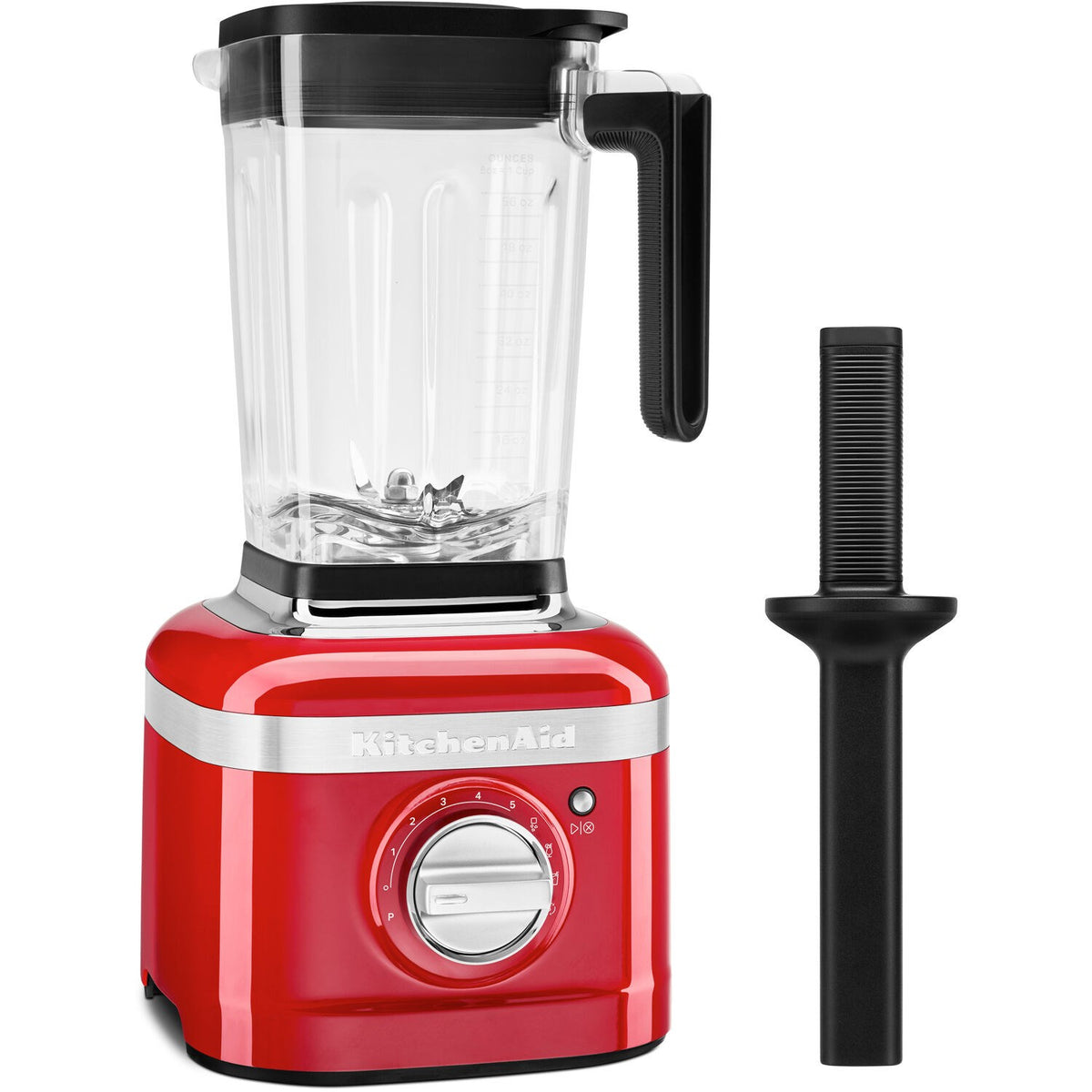 KitchenAid Passion Red blender with clear jar and black accessory attachment