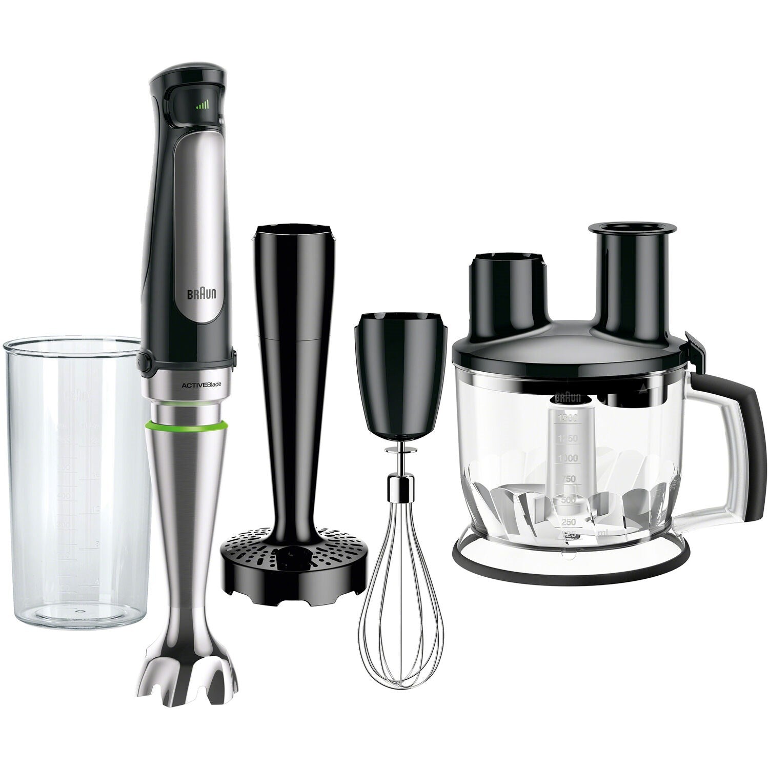 Braun stainless steel hand blender kit with cup, whisk, and chopper bowl