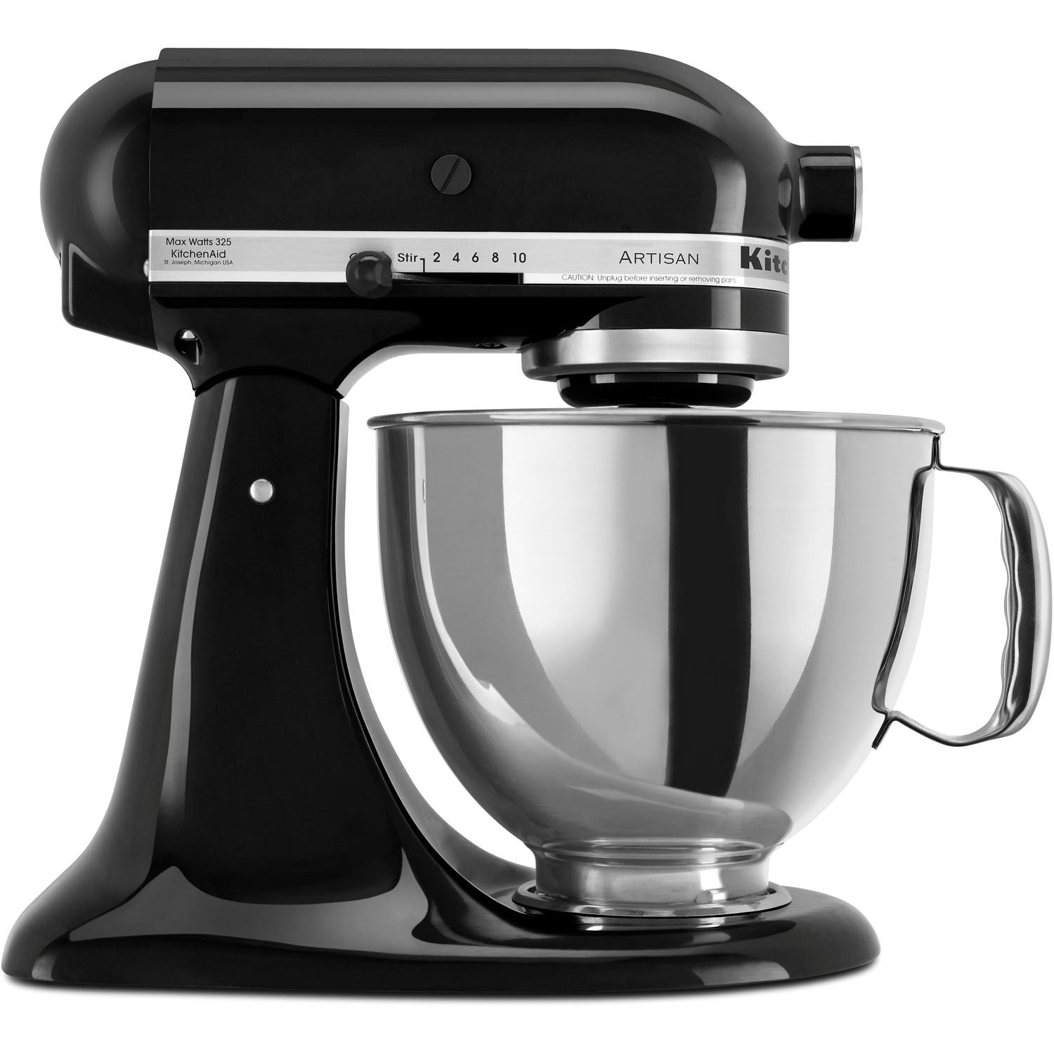 KitchenAid Artisan tilt-head stand mixer with stainless bowl and Onyx black finish