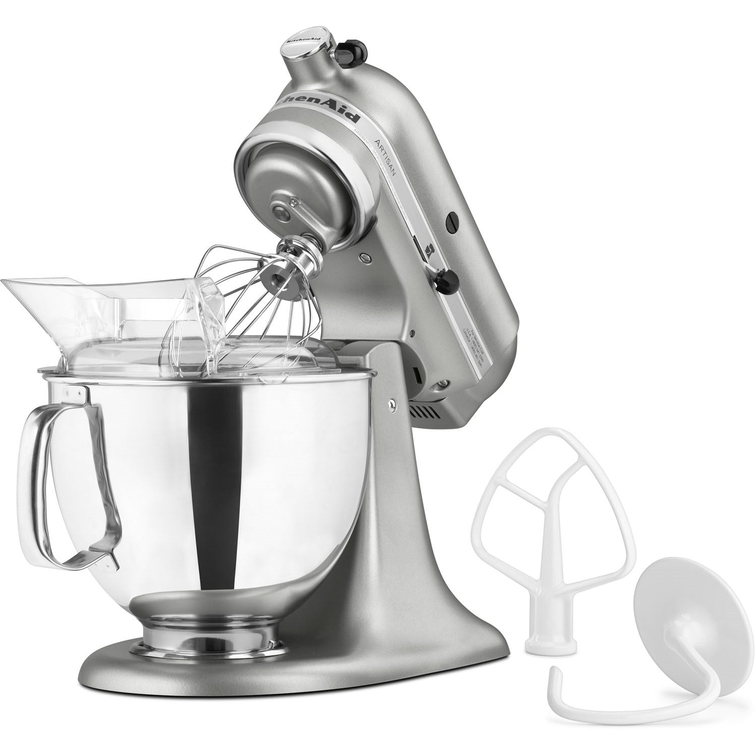 Contour silver tilt-head stand mixer with whisk attachment and protective gear