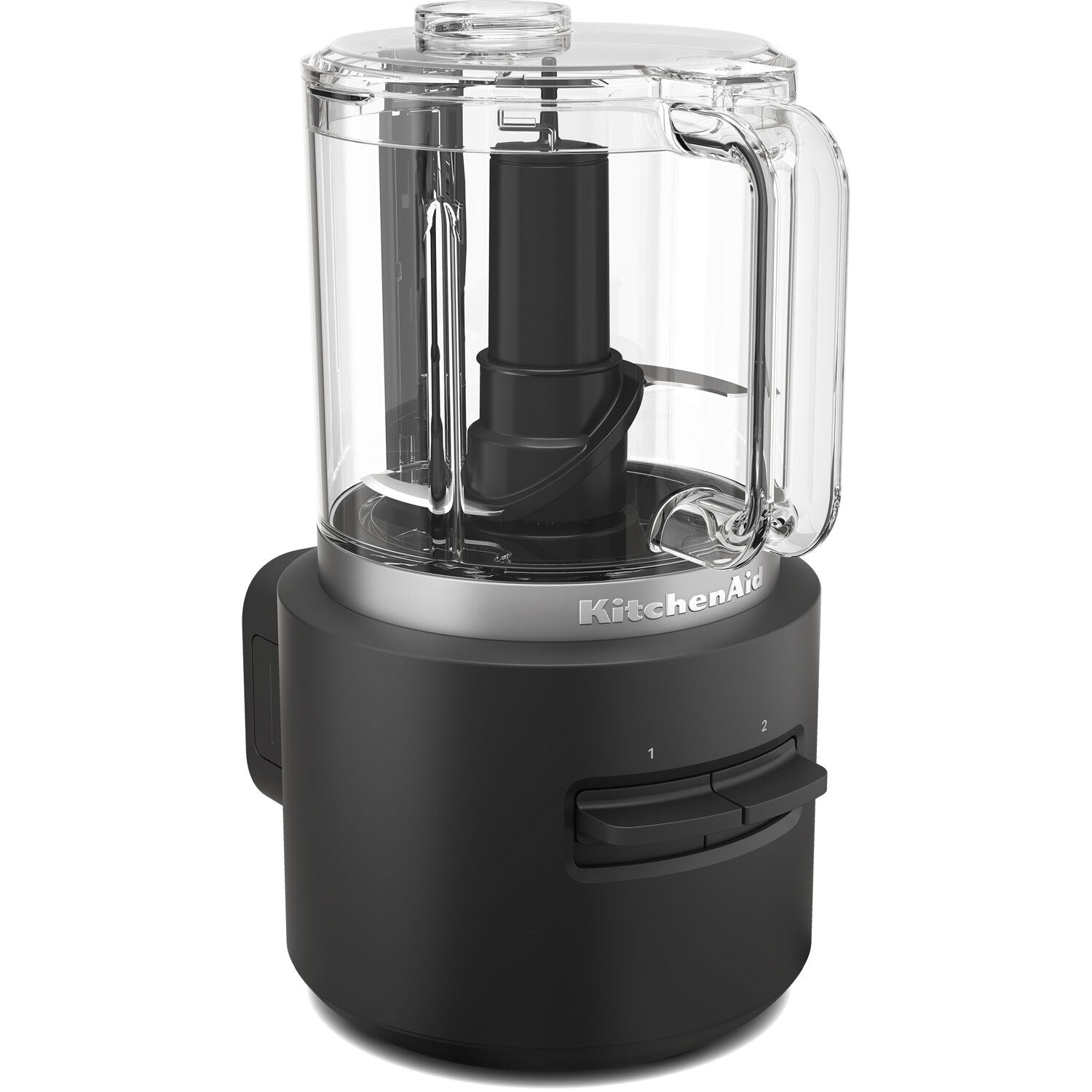 Black cordless chopper with clear cup, central blade, and power control slider
