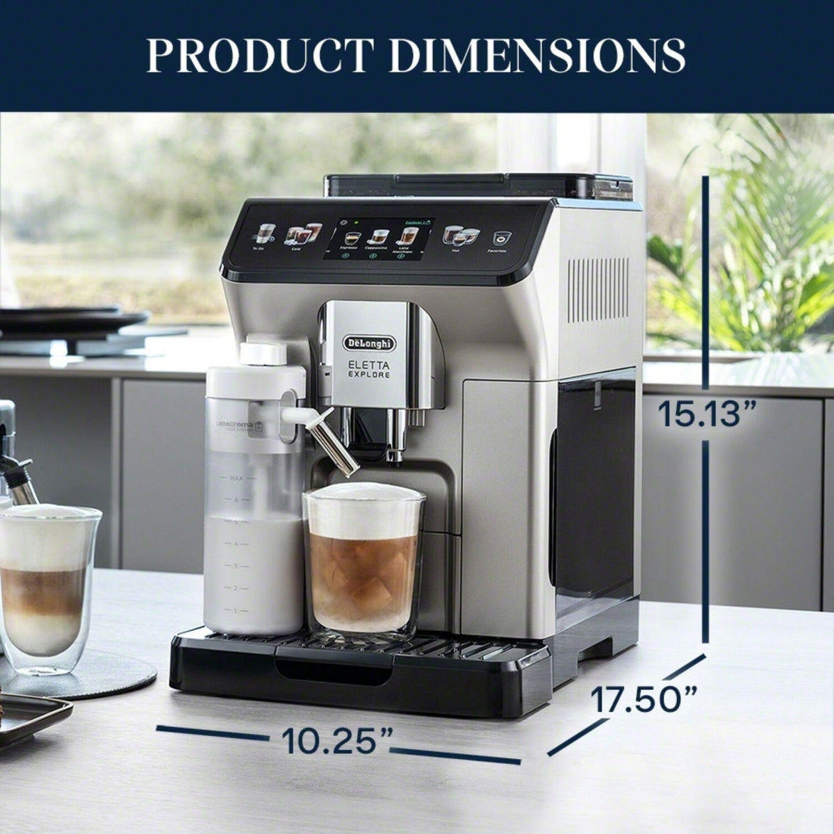 Fully automatic espresso machine on a countertop with product size measurements