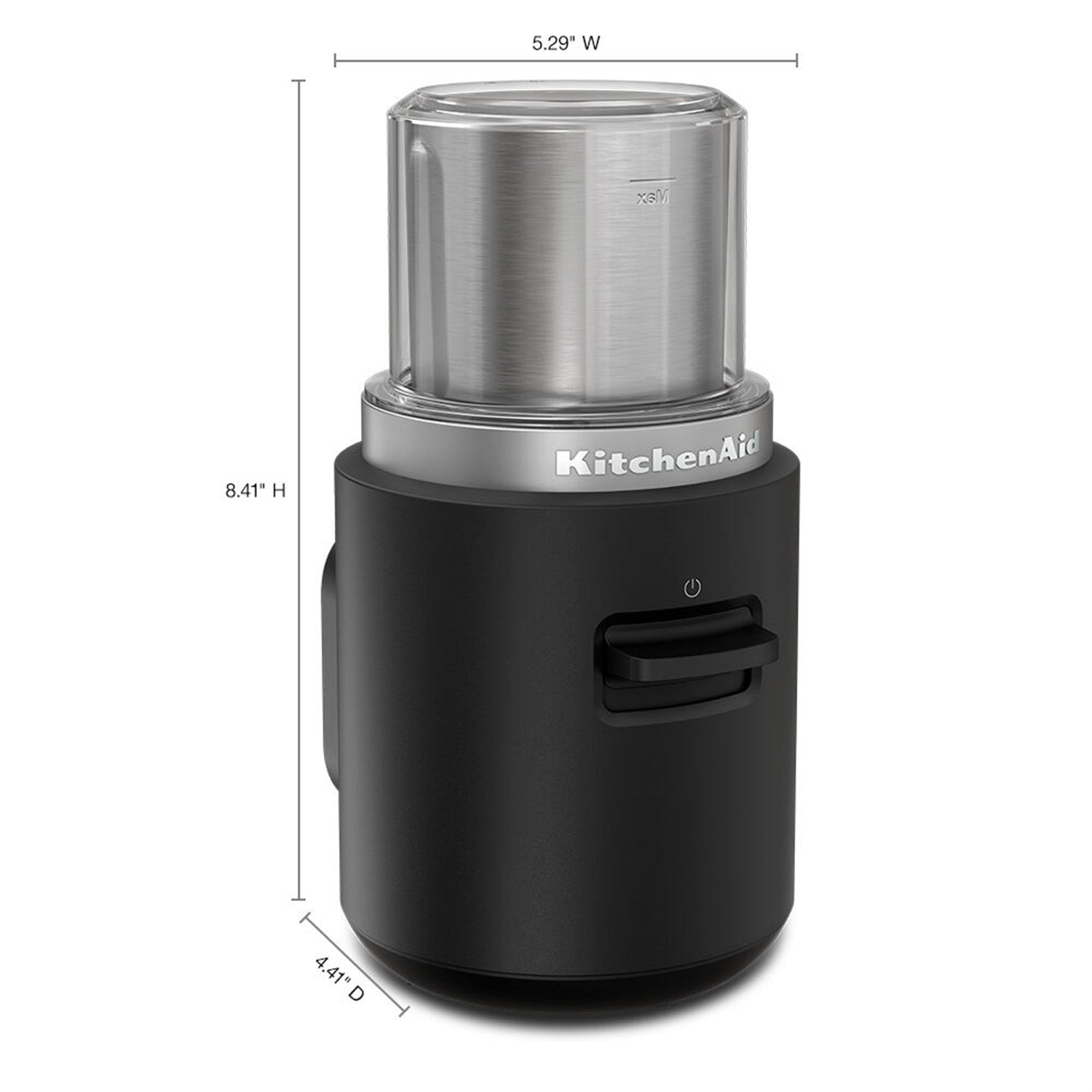 Black and stainless cordless coffee grinder with on/off control button; size diagram view