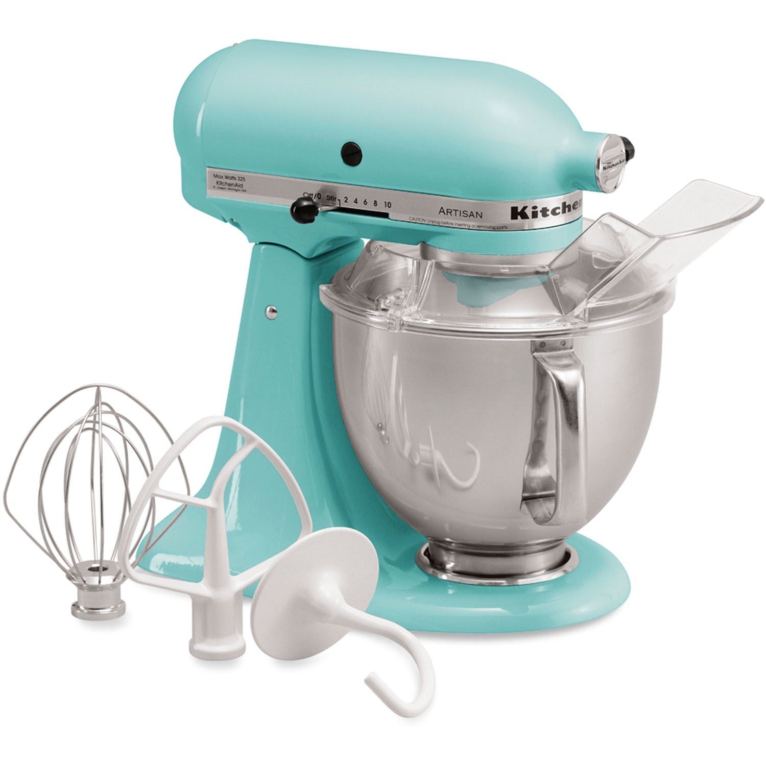 Blue aqua tilt-head stand mixer with stainless bowl, wire whisk and dough hook
