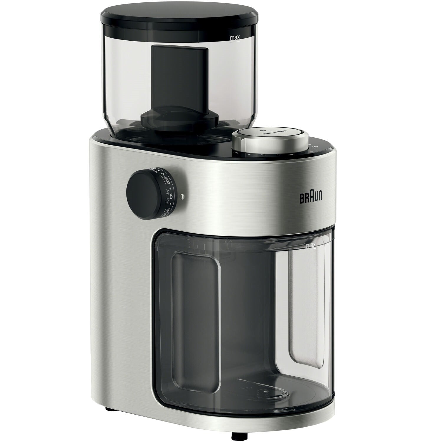 Stainless steel burr coffee grinder with clear bean hopper and black control dial