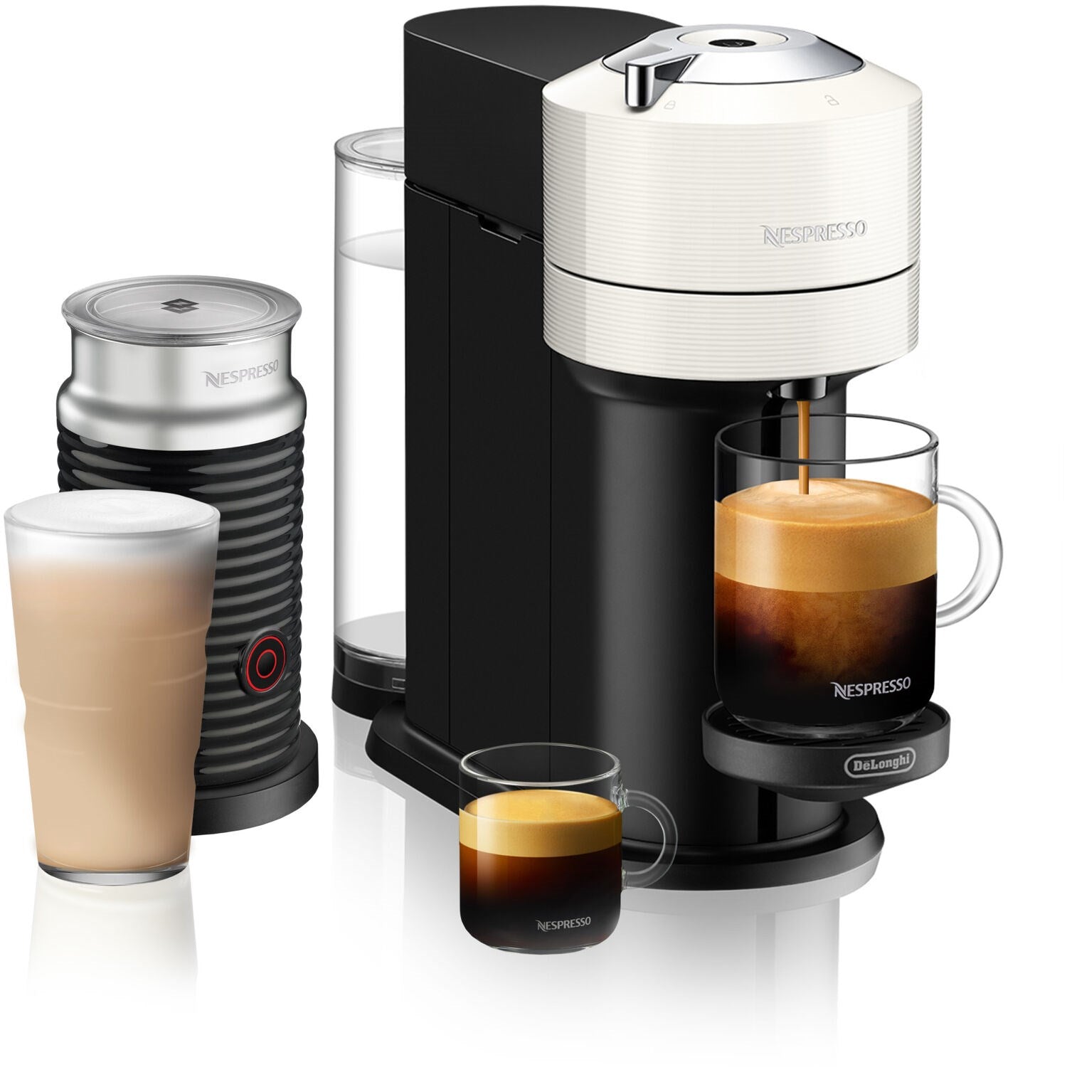 Vertuo Next coffee machine with milk frother cups and multiple capsule containers