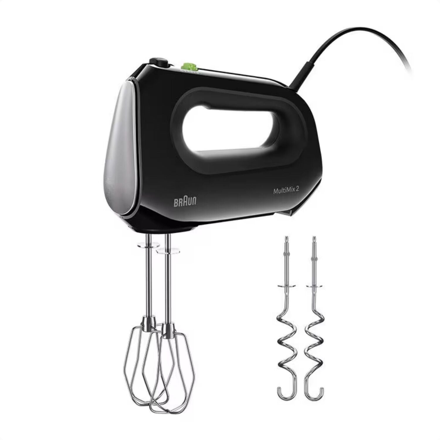 Black Braun hand mixer with attachments: beaters, whisk, and dough hooks