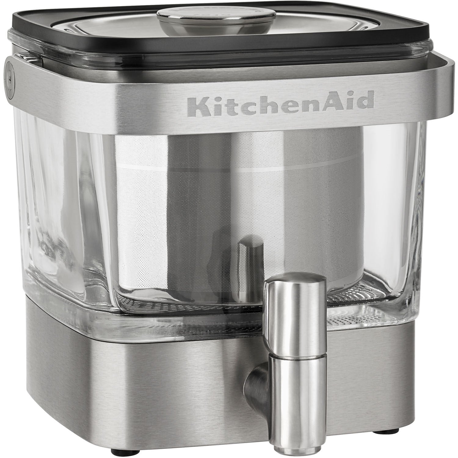 Brushed stainless cold brew coffee maker front view with dispensing spout