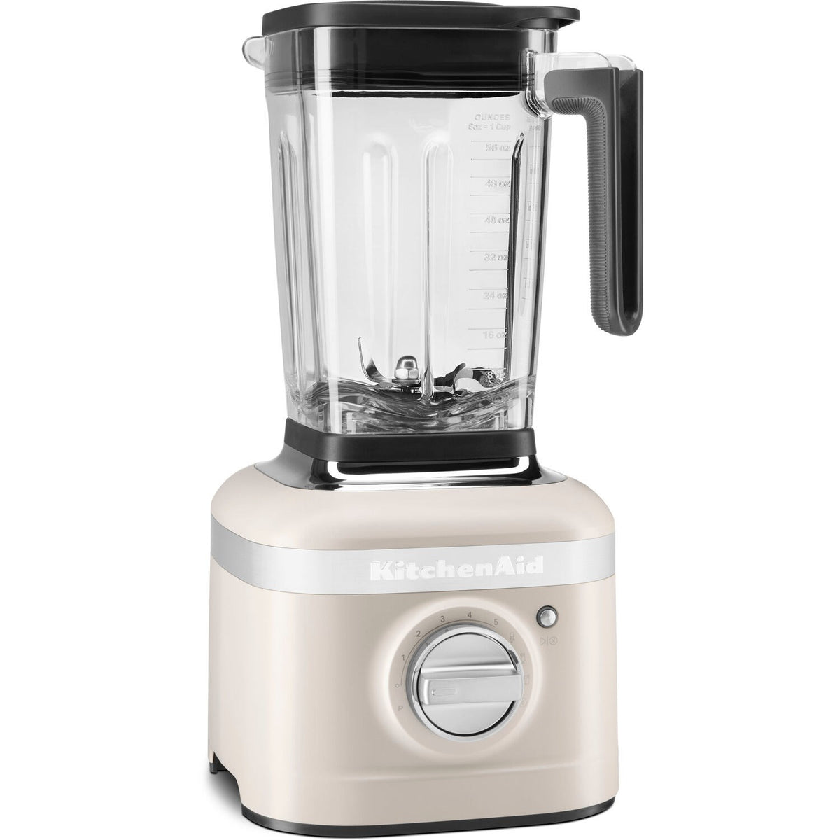KitchenAid matte milkshake blender with clear jar, black lid, and chrome base, close-up