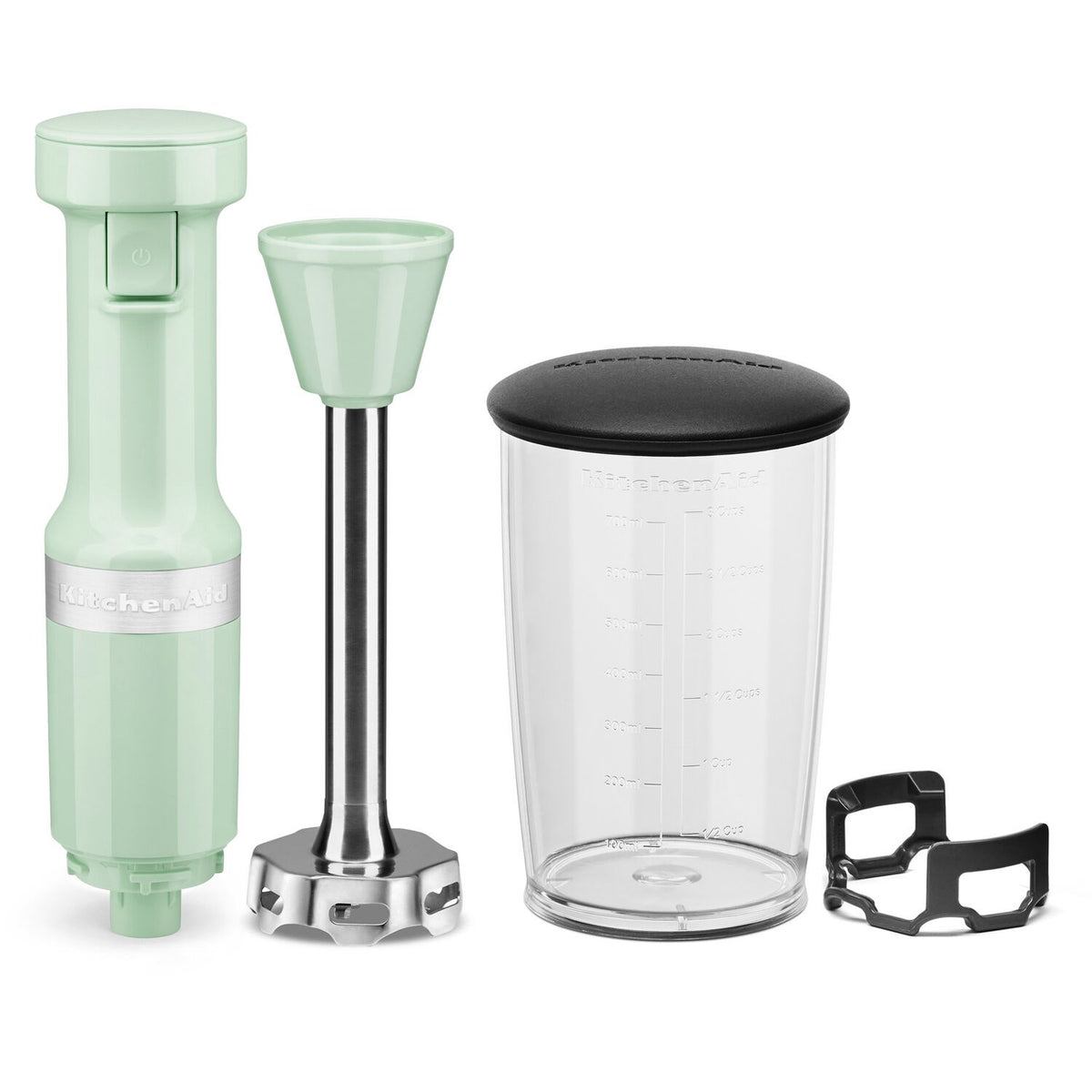Pistachio KitchenAid immersion blender set with jar, lid, and shaft