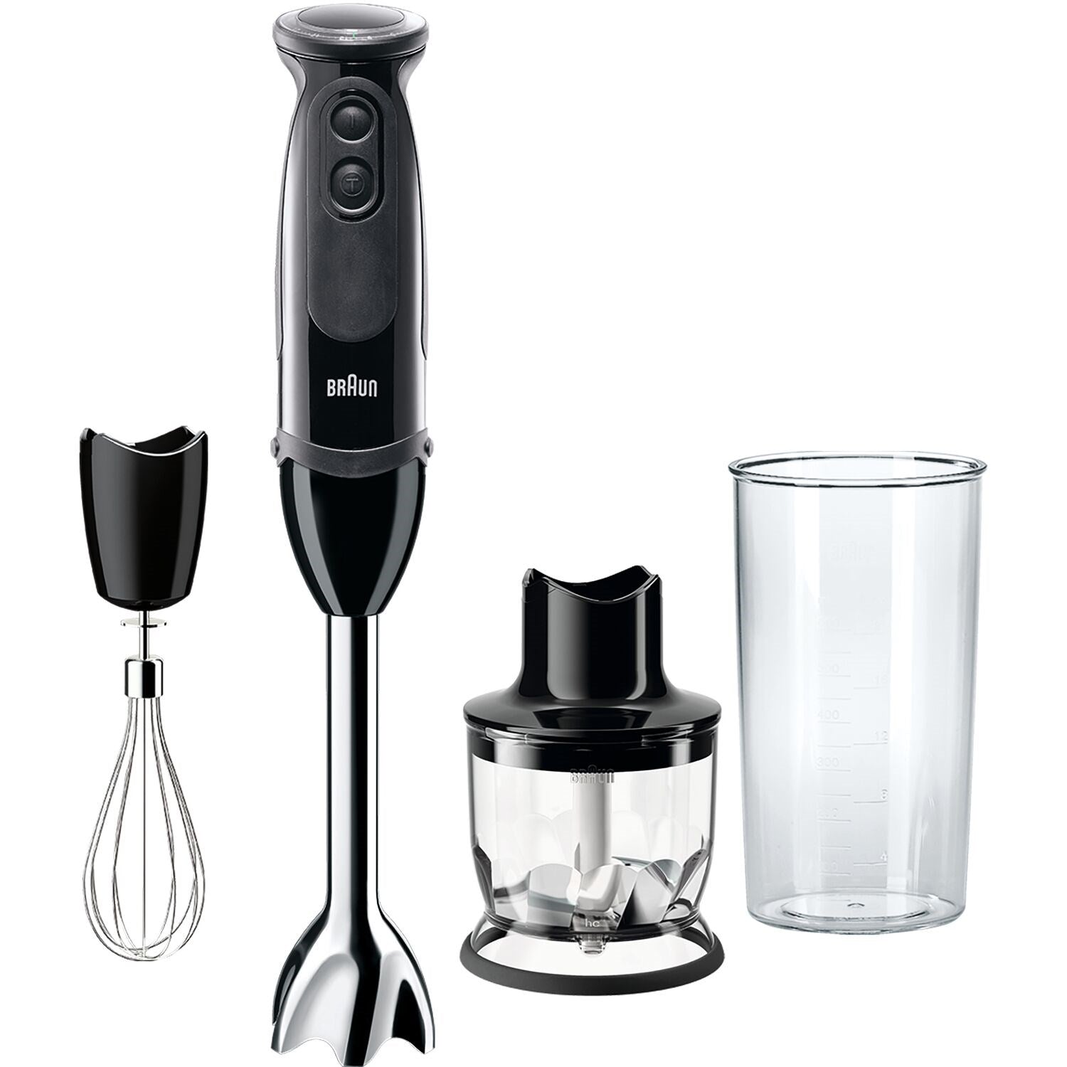 Braun hand blender with whisk, chopper, and clear cup attachments shown together.
