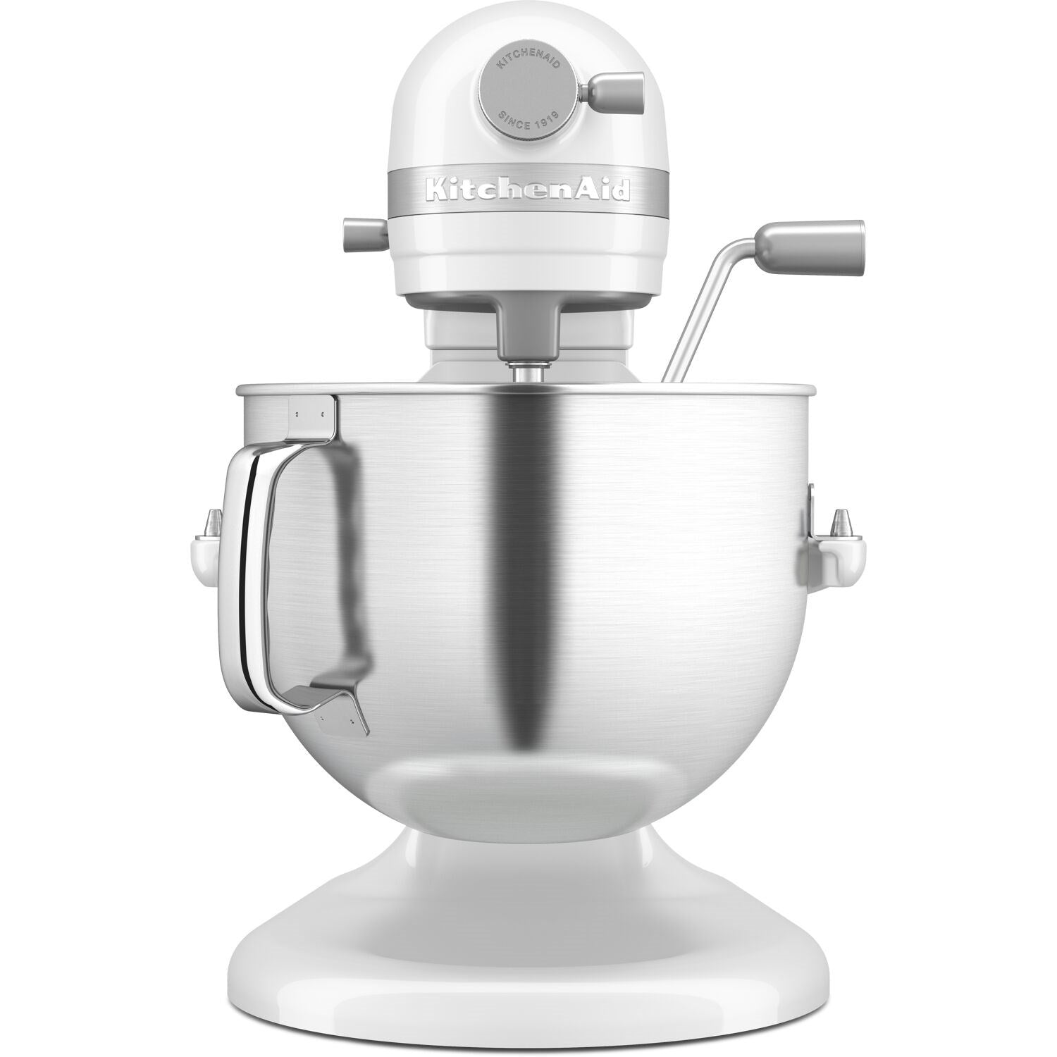 White KitchenAid stand mixer with stainless bowl and wire whisk attachment, front view